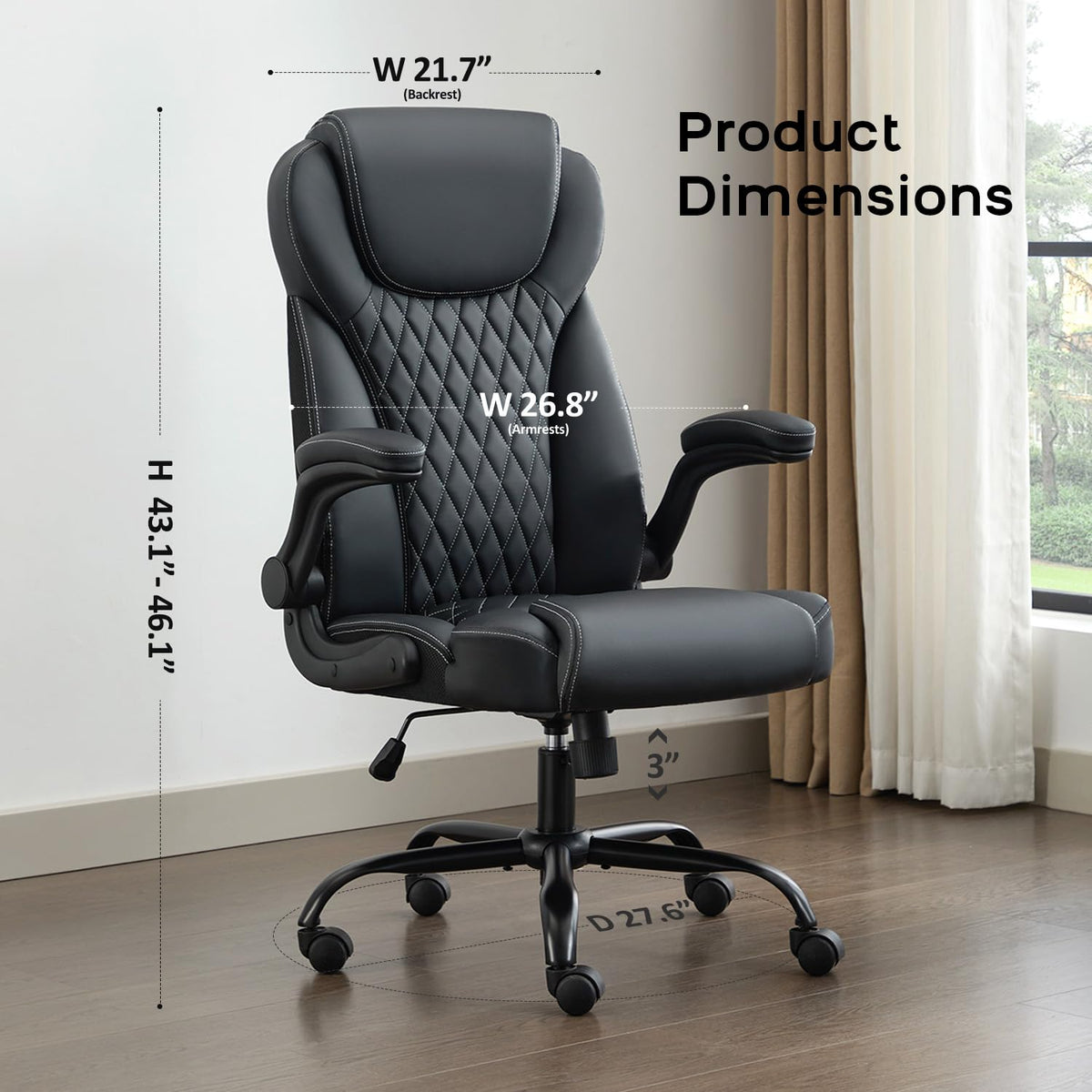 Amseatec Big and Tall Office Chair, Flip-up, Executive Desk Chair, Black, Oversized