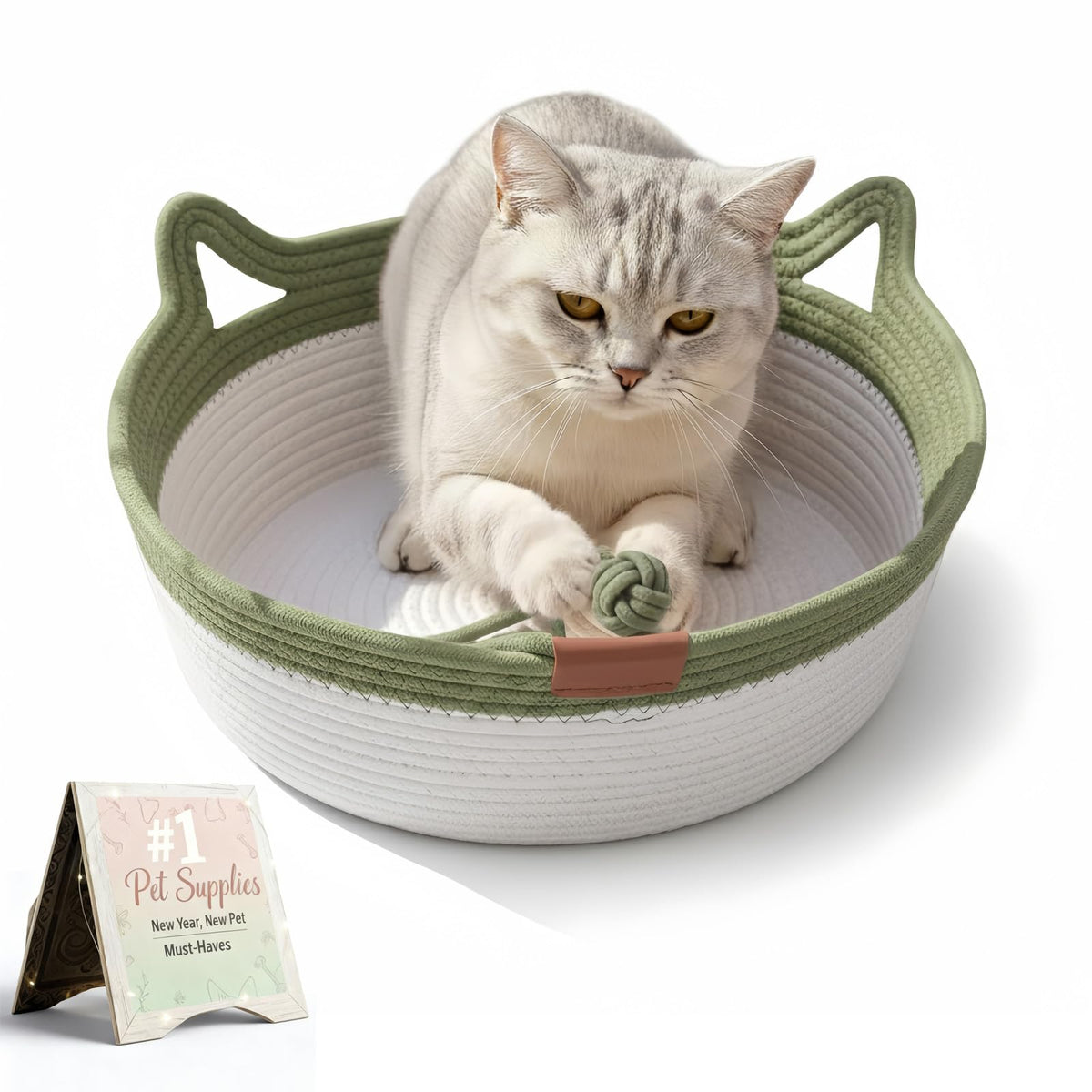 Instinct Basket for Cats - Handwoven Cotton Rope Enrichment Bed with Attached Toy Tail, Scratchable Interactive Pet Nest Features Flexible Walls to Fight Boredom & Protect Furniture (Green, L)