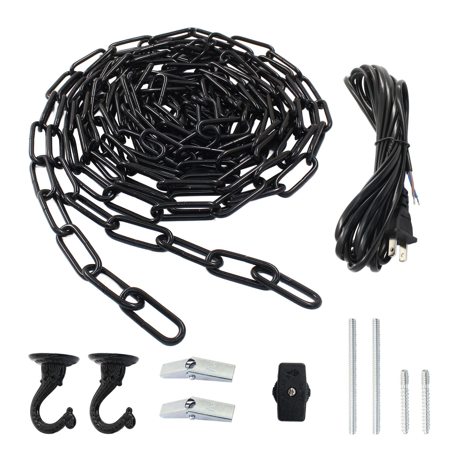 Swag Light Kit with 15 Ft Chandelier Chain, 15 Ft Light Cord, Switch and 2 Swag Hooks, Black Hanging Lamp Kit for Pendant Light, Ceiling Light and Fan Light