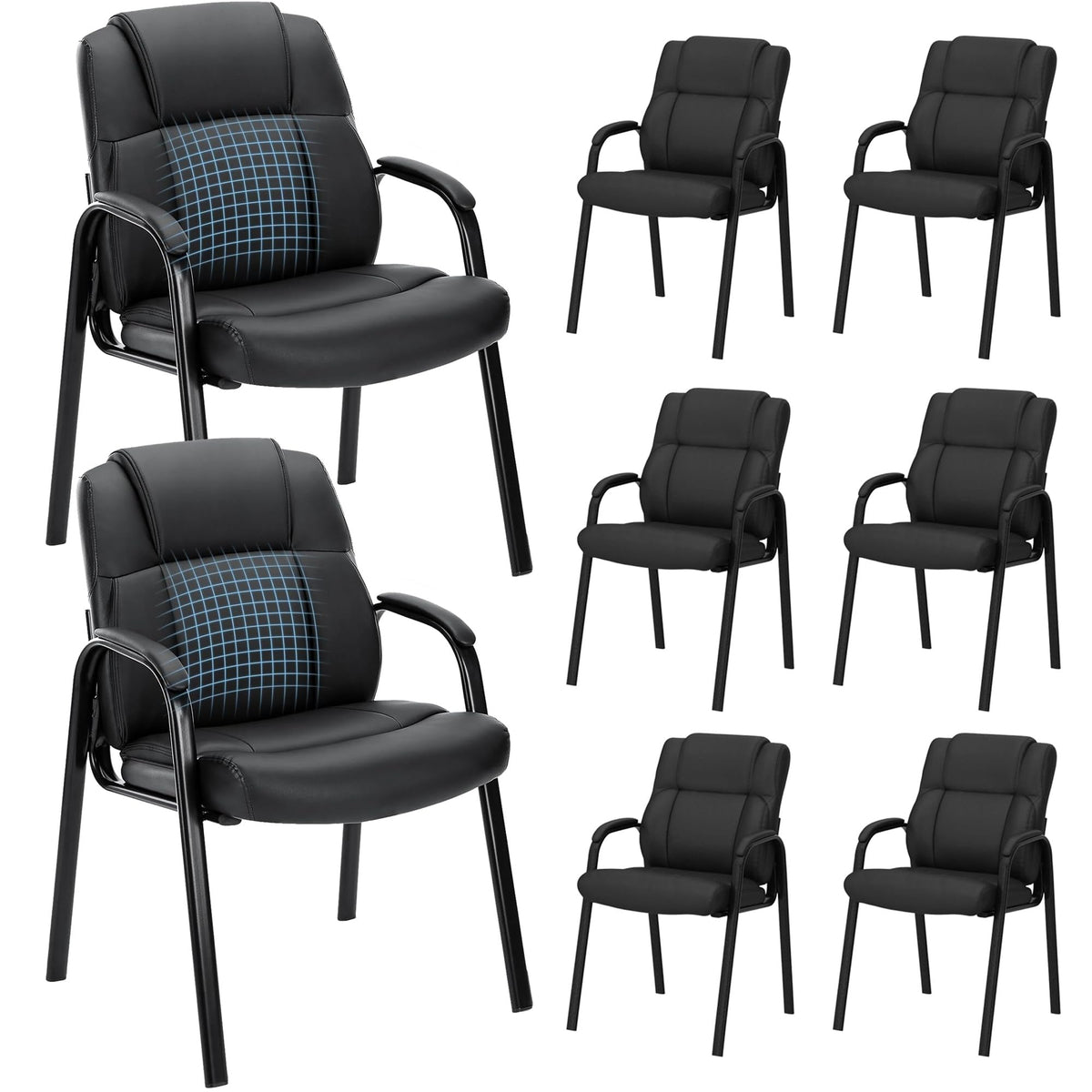 Kindbear Office Guest Chair, Pu Leather Padded Arms,set of 8, Black