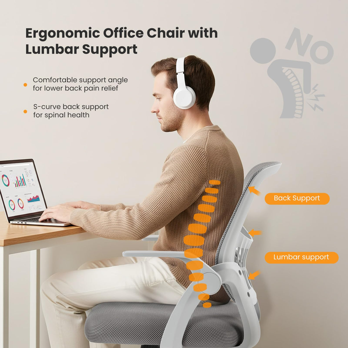 Sweetcrispy Computer Desk Chair, Home Office Chair, Lumbar Support, 23.22 Inch, Grey