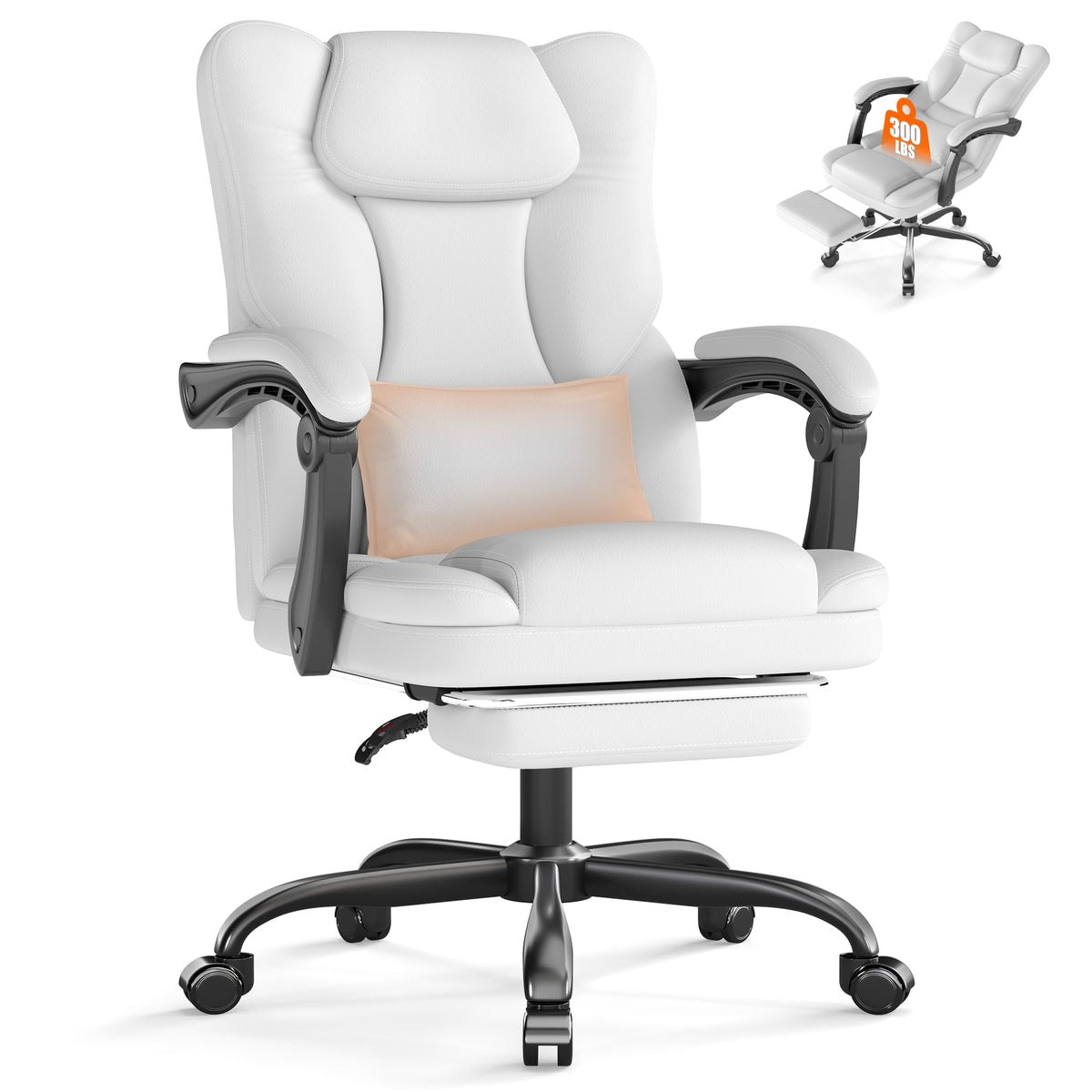 Ergonomic Office Chair with Foot Rest, 300 Lbs Executive Leather Desk Chair, White with Footrest