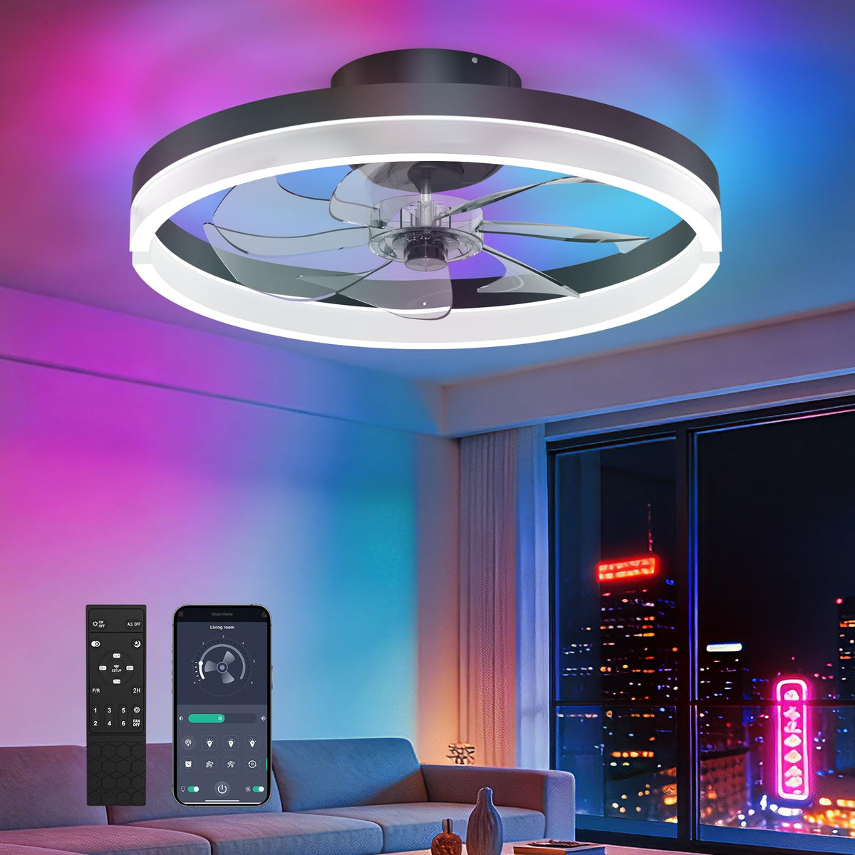 RGB Ceiling Fans with Lights and Remote, 20 Inch Flush Mount Low Profile Ceiling Fan with Light,3000K-6500K Dimmable,Modern LED Fandelier Ceiling Fan for Bedroom Living Room (Black)
