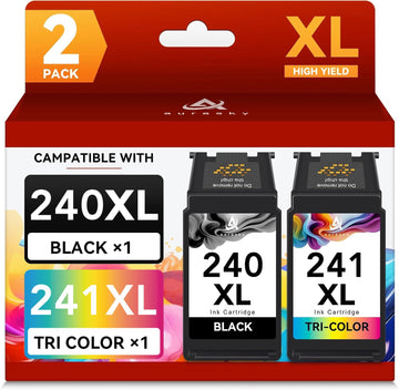 PG-240XL/CL-241XL Ink Cartridges Compatible for Canon 240XL 241XL Combo Pack 240 241 Ink for PIXMA MG3620 MG3600 TS5120 TS5100 MG3220 MG3520 MX472 Printer Ink (1 Black, 1 Tri-Color)