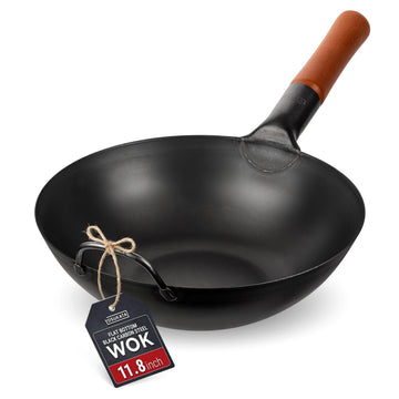 YOSUKATA 11.8" Carbon Steel Wok Pan – Pre-Seasoned Flat Bottom Pow Wok for Stir Fry, BBQ, Grill & Camping – Traditional Japanese Chinese Cookware – Compatible with Induction, Electric, Gas, Open Fire