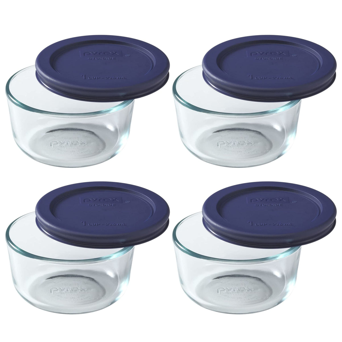 Pyrex 7202 1-Cup Glass Bowl & 7202-PC Dark Blue Lid (4-Pack) - Made in USA
