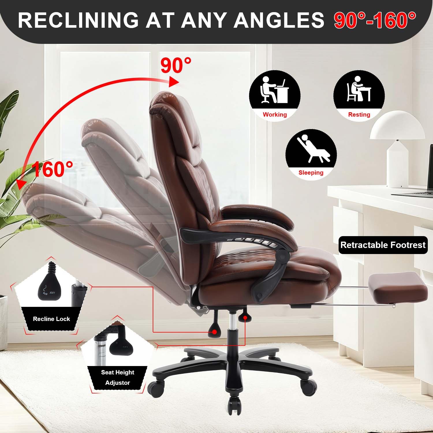Plus Size Brown Leather Reclining Executive Office Chair for Heavy People, Large(400lbs), Black Brown
