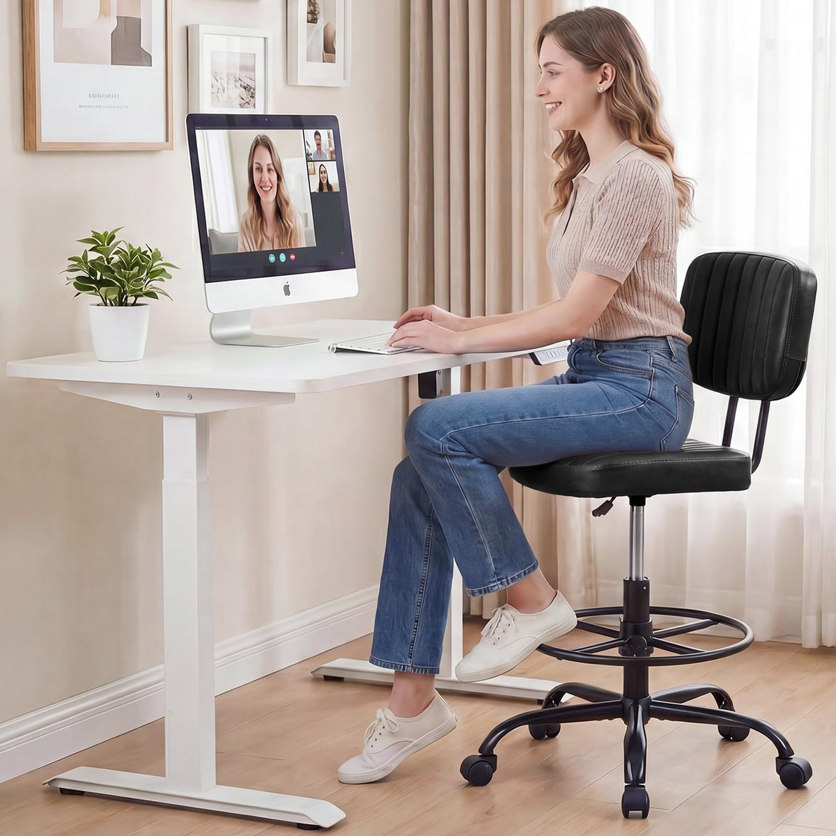 Dumos Armless Drafting Chair, Standing Desk Chair, Rolling Stool, Modern Black