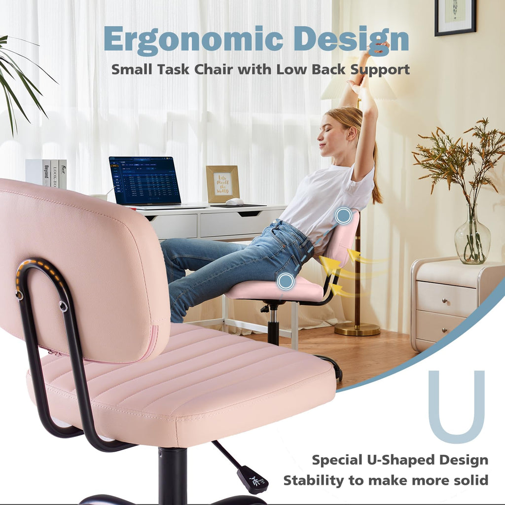 Dumos Armless Office Chair, Small Home Desk Chair, Lumbar Support, Compact, Pink