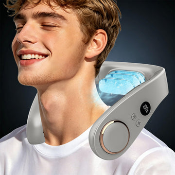 KJXIC Neck Fan with Cooling Plate-5 Speed&Power LED Display-24H Quiet Powerful Fans that Blow Cold Air-USB 5500mAh Bladeless Wearable Personal AC Cooler for Women,Men,Kids,Travel,Outside,Indoor Grey