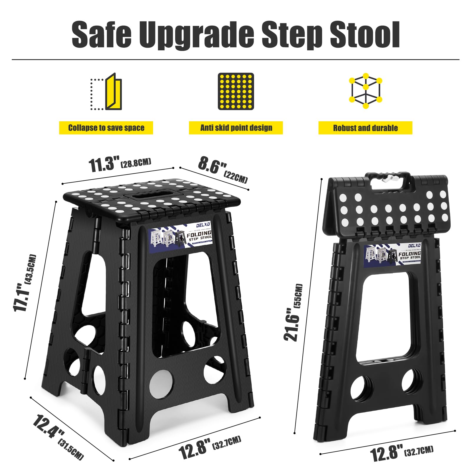 Delxo 17.5 Inch Folding Step Stool,foldable Stool for Adults with Safety Lock,portable Collapsible Plastic Step Stool,non Slip Folding Stools