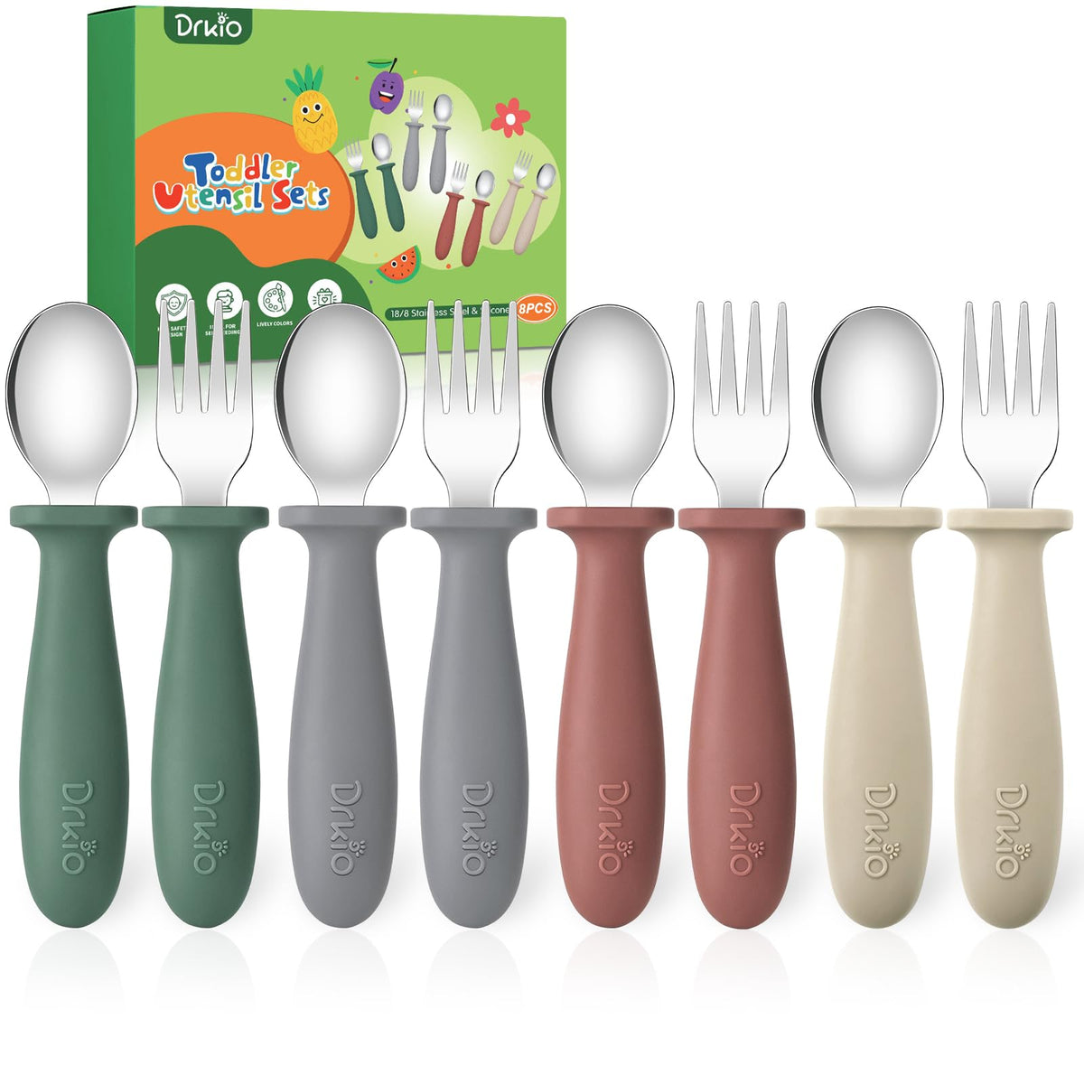 8 Pieces Toddler Utensils Set - Kids Silverware Set with Silicone Handle Children Safe 18/8 Stainless Steel Forks and Spoons Anti-Choke Design Food Grade Dishwasher Safe