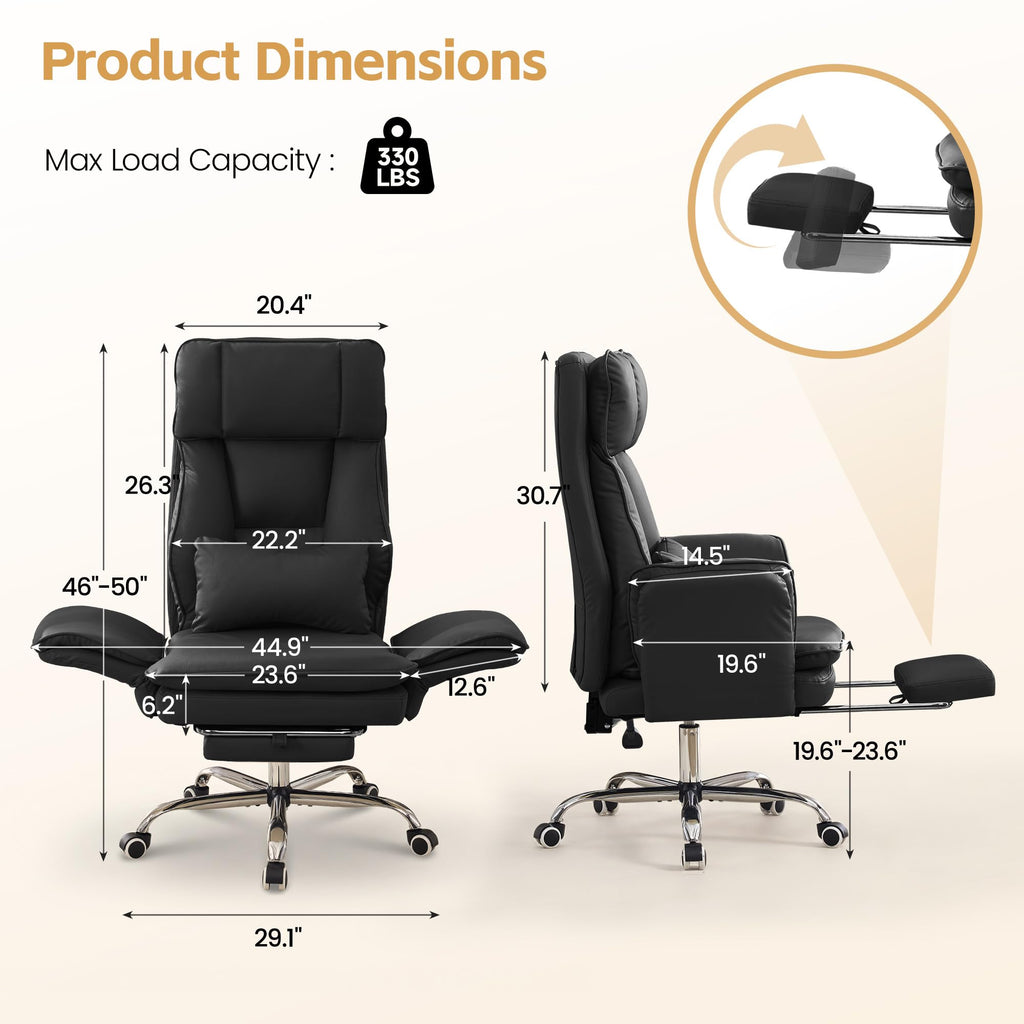 Big and Tall Office Chair, Footrest & Flip Armrest for Pets, Pu Black, PU Leather