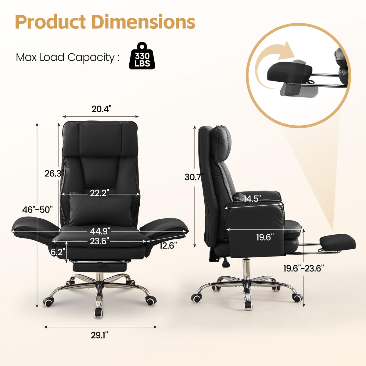 Big and Tall Office Chair, Footrest & Flip Armrest for Pets, Pu Black, PU Leather