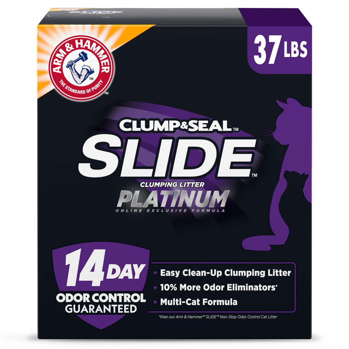 ARM & HAMMER Clump & Seal SLIDE Platinum Multi-Cat Clumping Cat Litter, Easy Clean Technology with No Scrubbing, 14-Day Odor Control, 37 lbs