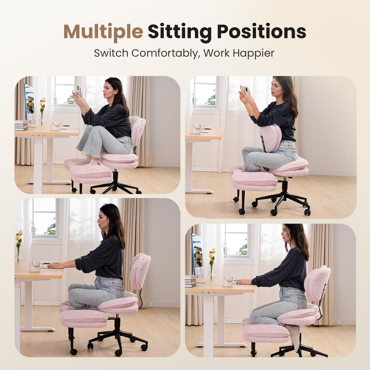Cross Legged Office Chair, Ergonomic Cloud Criss Cross Desk Chair, Meditation Chair with Wheels, Height Adjustable Seat for Adhd, Wide Kneeling
