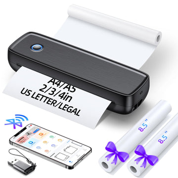 Portable Inkless Printer, Wireless Bluetooth Thermal Printer with 4200mAh Battery, Prints A4/A5/US Letter, High Resolution Mini Printer for Travel, Home Office & Mobile Printing|Deep Black