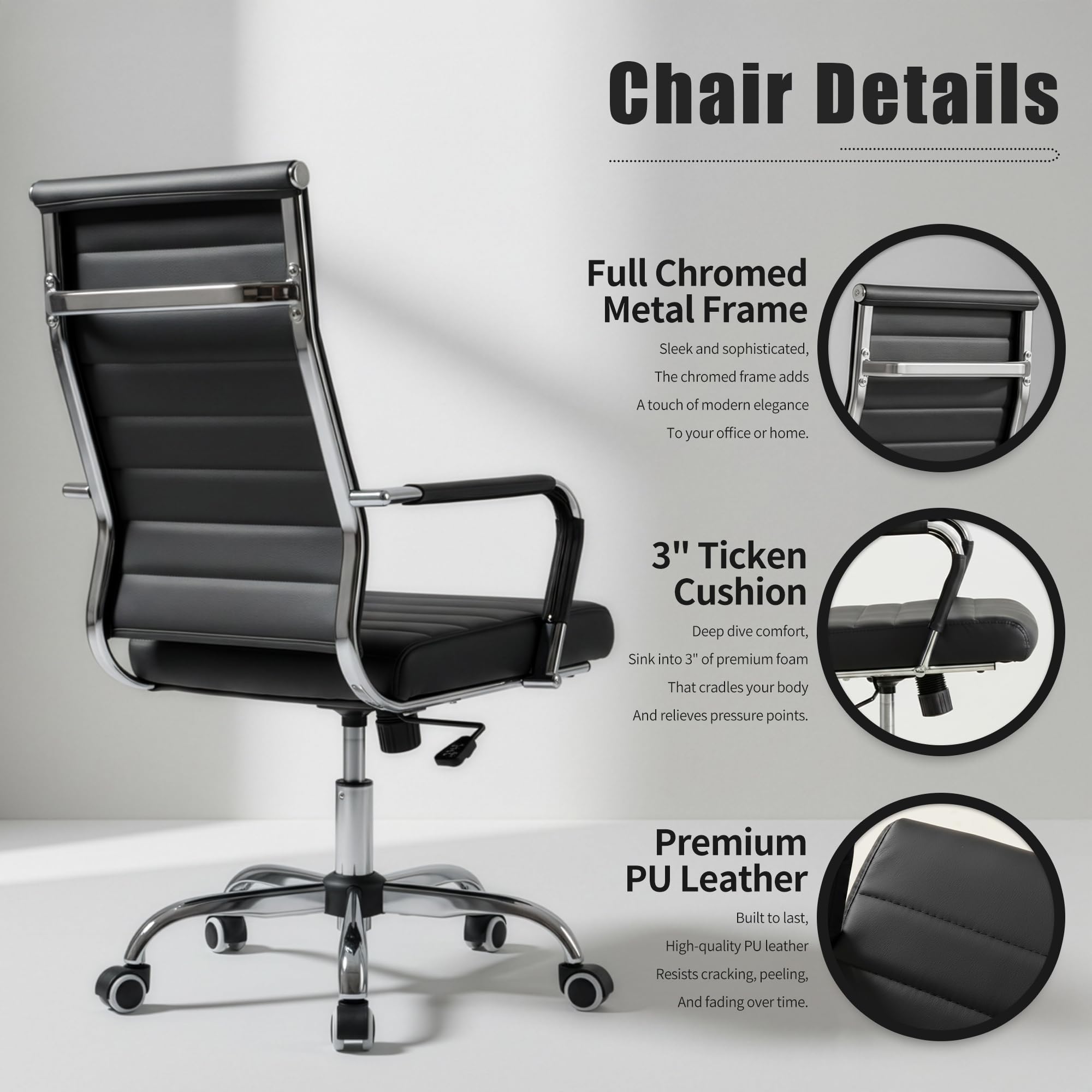 Okeysen Office Desk Chair, Ergonomic Leather Modern Conference Room Chairs, Executive Ribbed Adjustable Swivel Rolling Chair for Home Office.