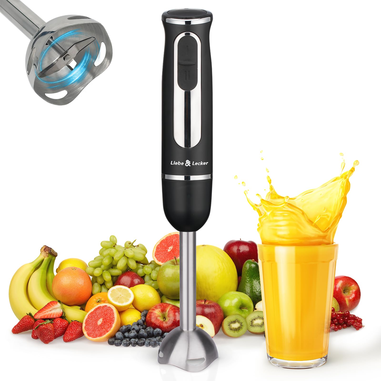 Liebe&Lecker Immersion Hand Blender, 300W Handheld Stick Blender with 2 Speed Settings, Stainless Steel 4-Leaf Blades, Ergonomic Grip for Smoothies, Puree, Sauces & Baby Food, Compact Storage