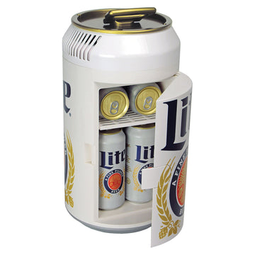 Miller Lite Mini Fridge - Refrigerator for Bedroom Office, Portable Table Top Beverage Cooler, 12V 110V Refrigerador For Drinks, Soda, Wines, Use In Car, Outdoor, Patio, 8 Can