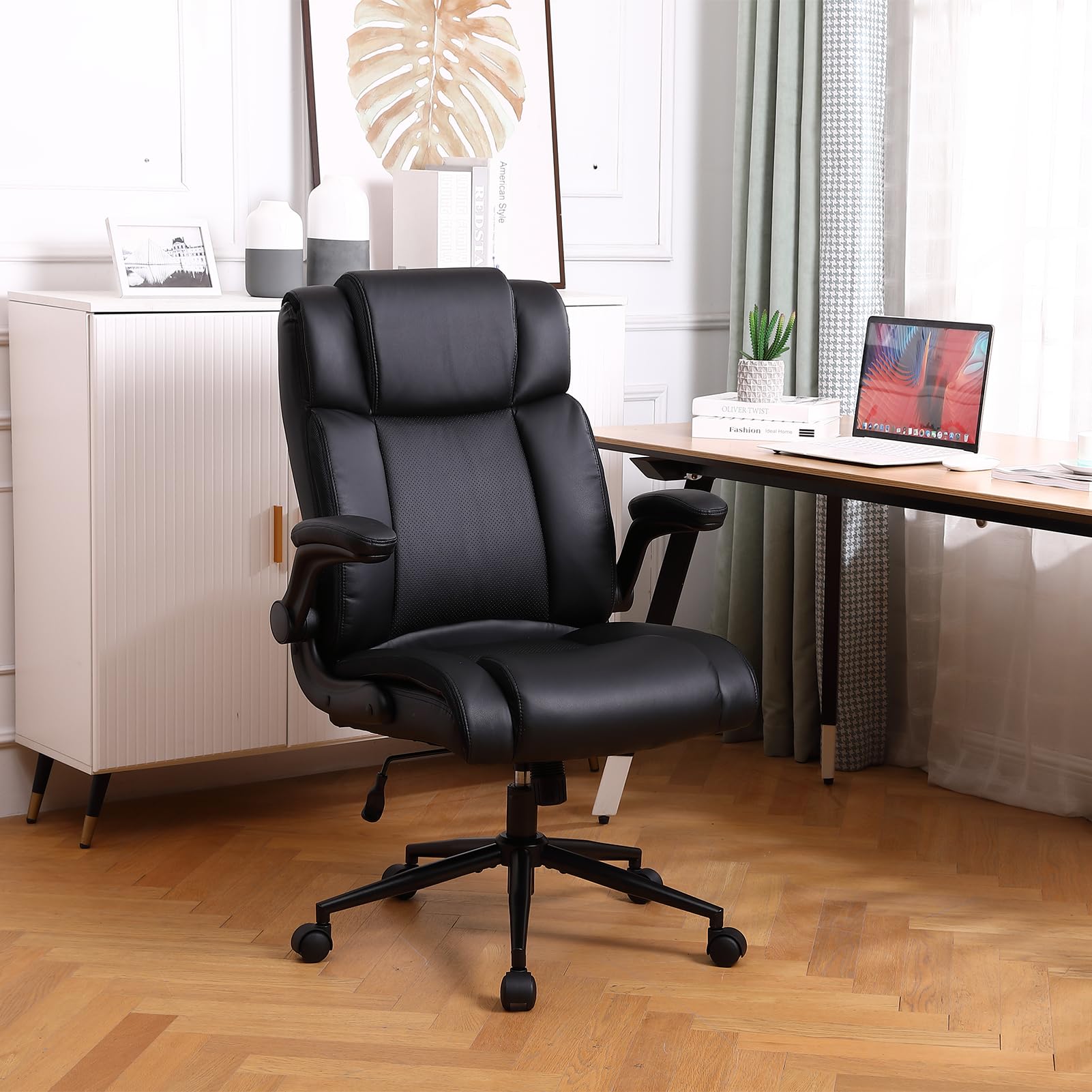 Ermnois Ergonomic Executive Office Chair, Pu Leather Computer Chair, Black, Set of 1, Updated Version Black