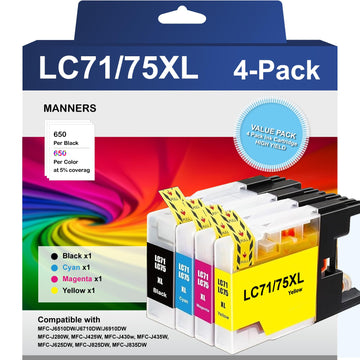 LC75XL LC75 Ink Cartridges Replacement for Brother LC71 LC79 XL, Brother Ink Cartridges LC71 for MFC-J430W MFC-J280W MFC-J425W MFC-J6510DW Printer, Brother LC75 Ink Cartridge Black & Color (4 Pack)