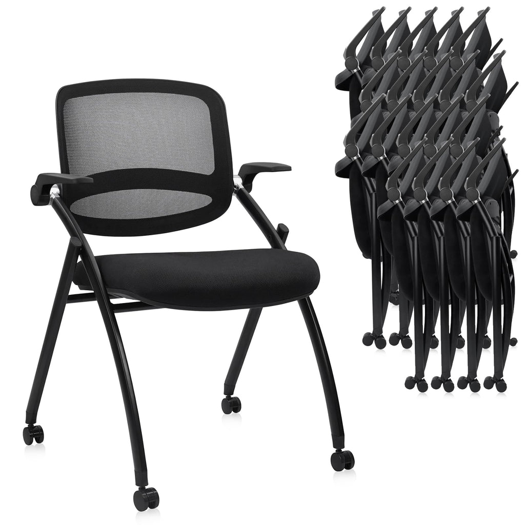 Clatina Stackable & Foldable Conference Chair with Wheels, Ergonomic Mesh Back, 300lbs Capacity, Breathable Padded Seat, Adjustable Armrests,