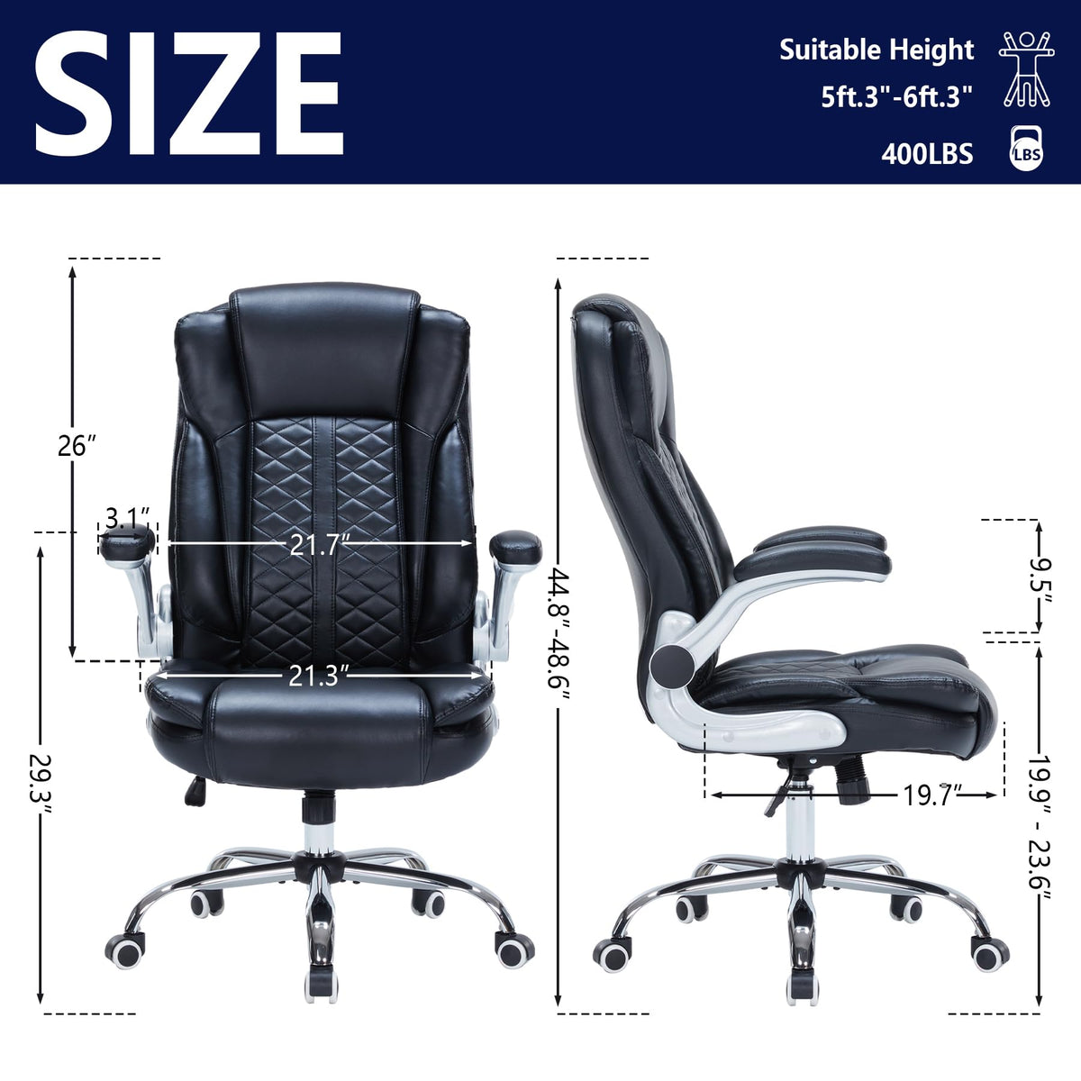 400lbs Executive Office Chair with Flip-up Armrests, Big and Tall Computer Chair for Heavy People, Heavy Duty Ergonomic Comfy Chair, Breathable