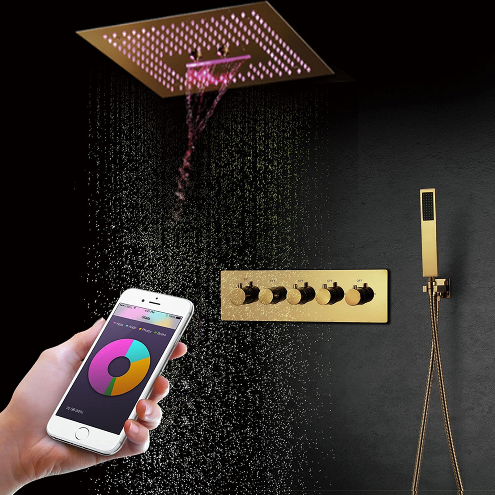 Thermostatic Shower System Gold, 40 * 40Cm Led Waterfall Rainfall Mist Shower Head with Handheld Shower, Bathroom Shower Faucet Set, Brass Shower Valve,Phone Control