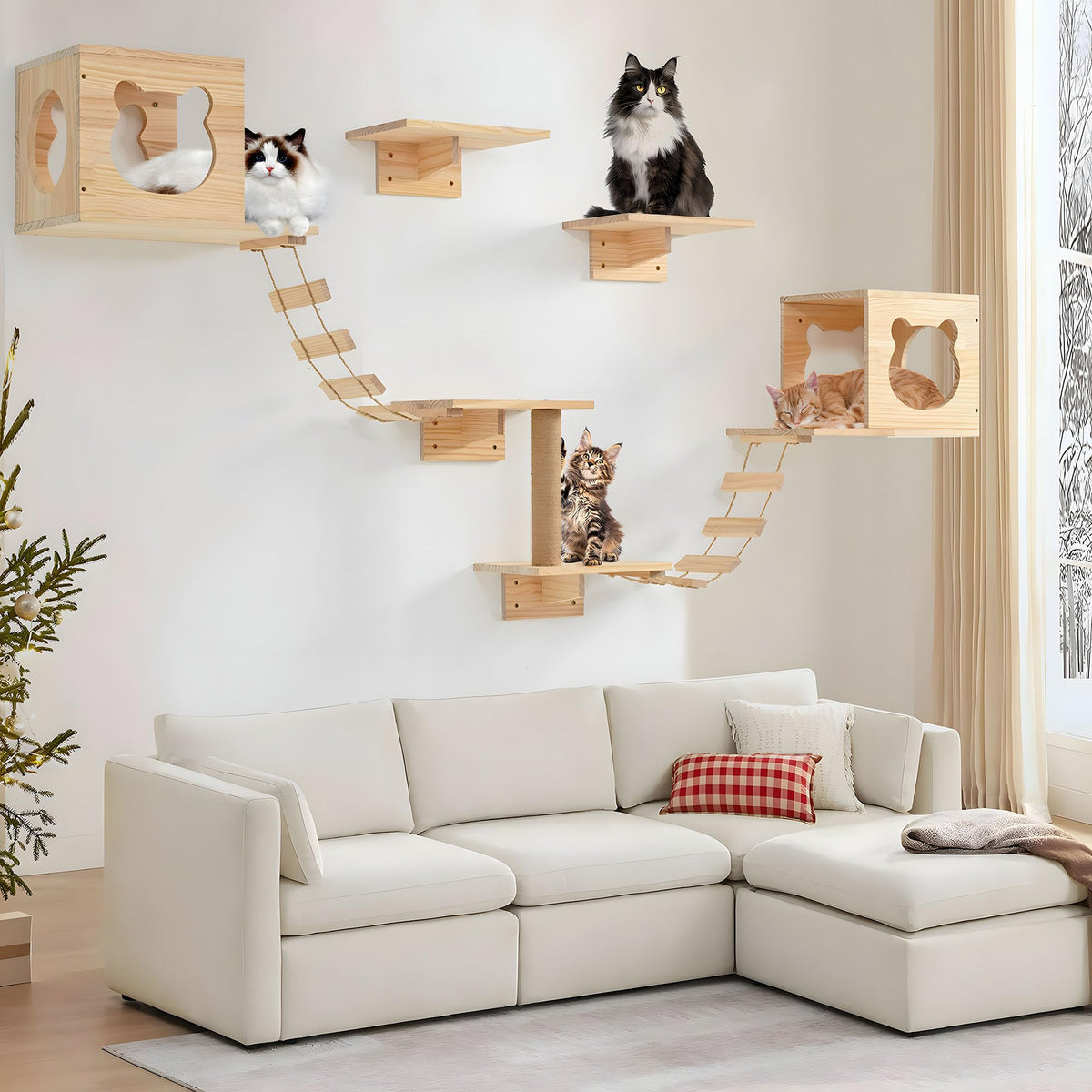 PETKABOO Cat Wall Shelves and Perches, Pine Wooden Cat Wall Furniture Climbing Shelves with Climber, Condo, Scratching Post, Ladder & Platform