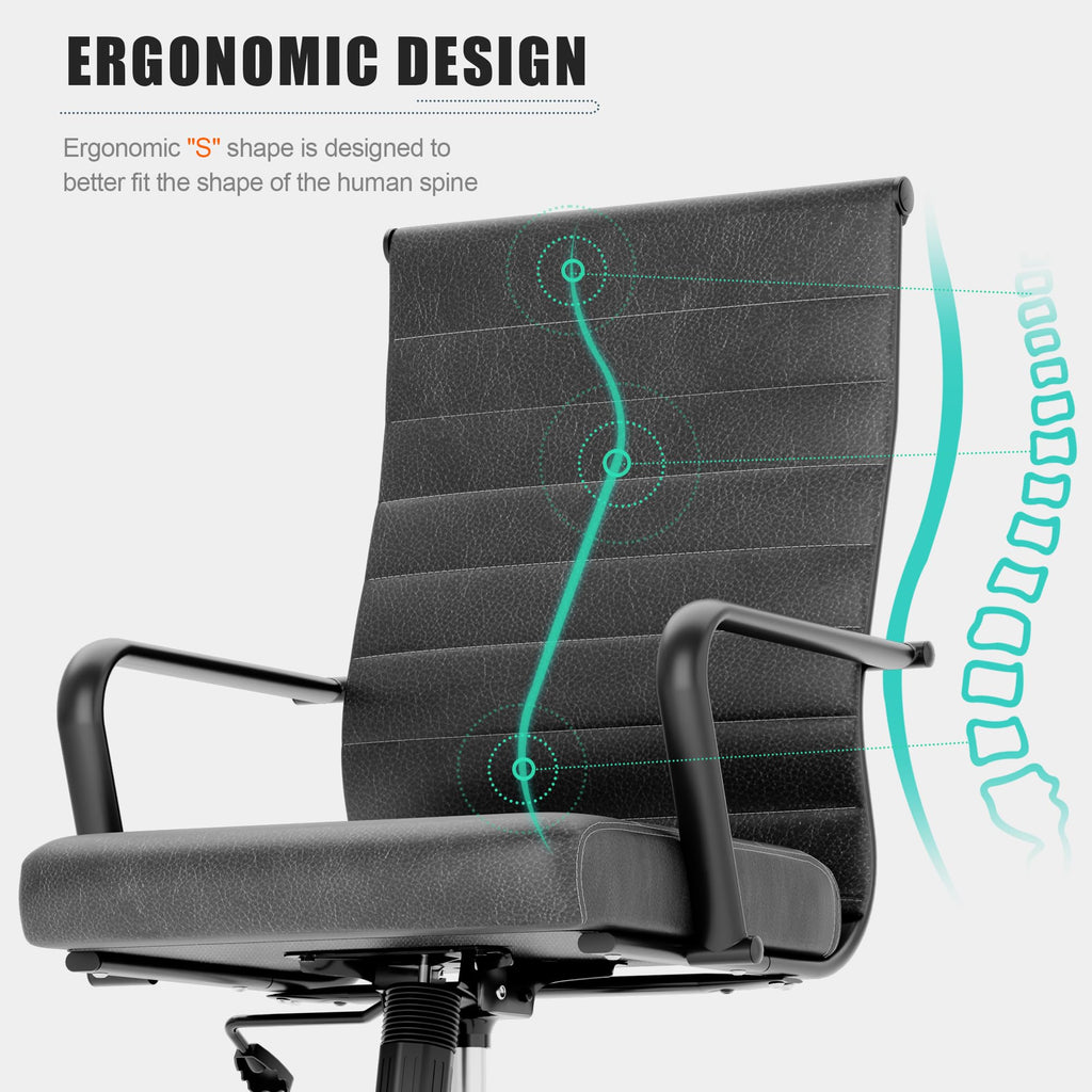 Okeysen Genuine Leather Office Chair, Mid-century Modern Real Leather Conference Room Chairs, Ergonomic Executive Ribbed Height Adjustable