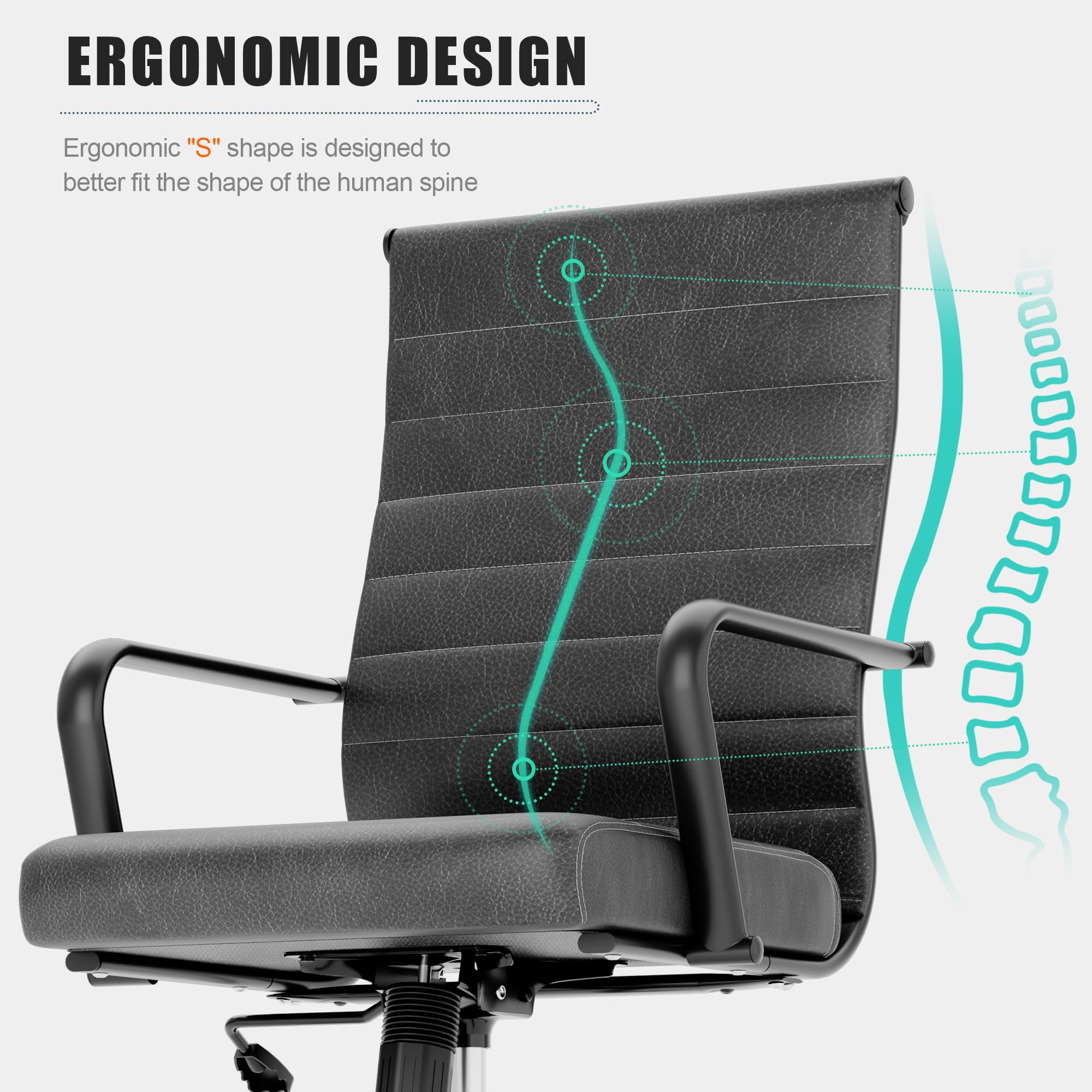Okeysen Genuine Leather Office Chair, Mid-century Modern Real Leather Conference Room Chairs, Ergonomic Executive Ribbed Height Adjustable