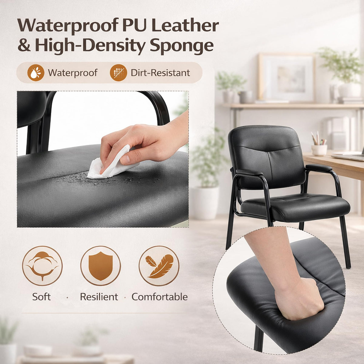 Kindbear Office Guest Chair, Pu Leather Padded Arms, Inky, 1 set