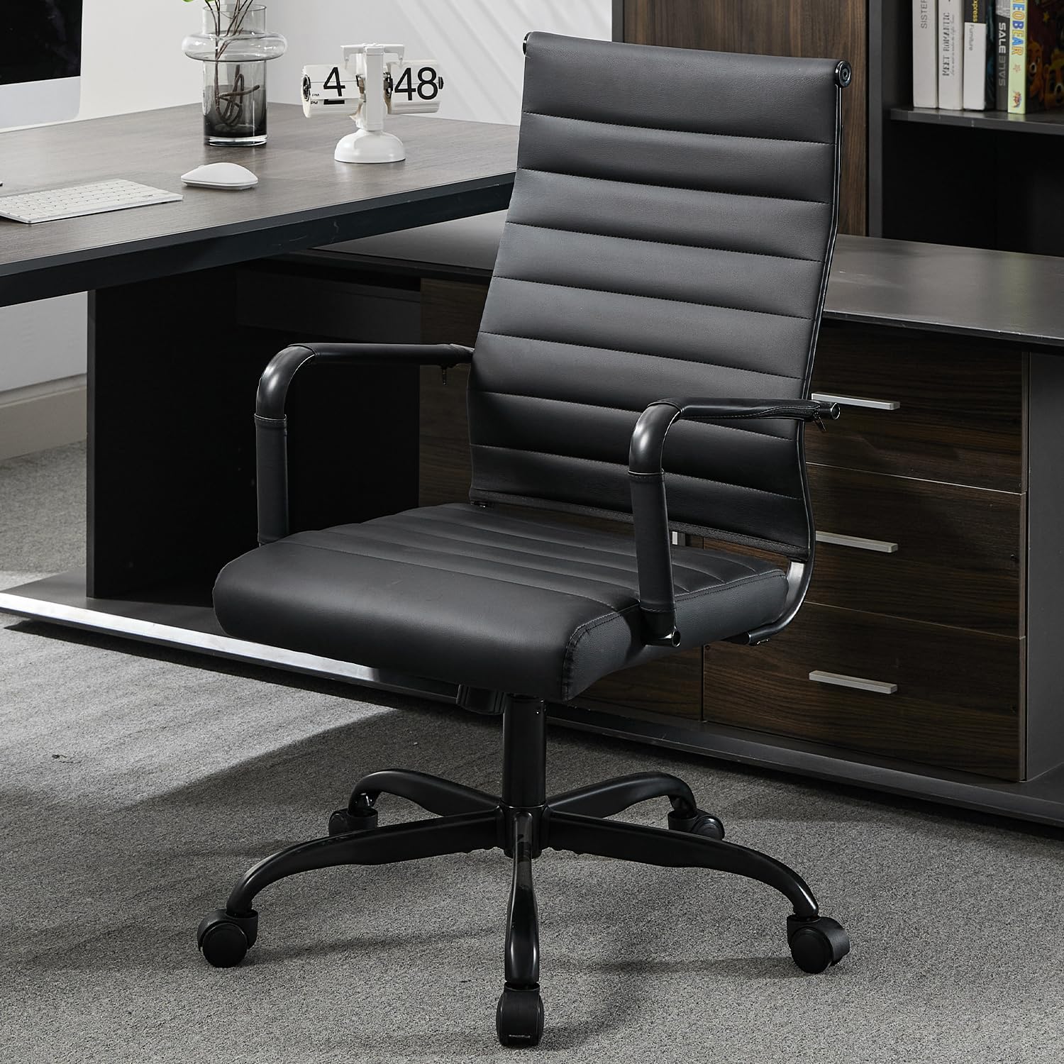 Seanail Office Desk Chair Leather, Conference Room Chairs with Wheels, Modern Executive Computer Guest Chairs with Arms., Matte Black