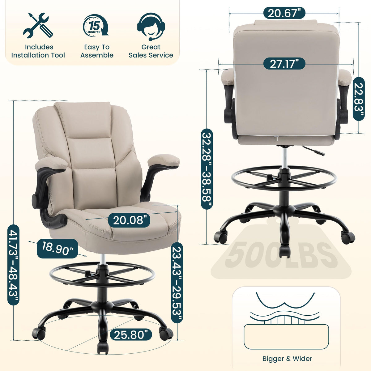 Drafting Chair 500lbs, Tall Office Chair for Standing Desk, High Pu Leather Executive Office Chair with Flip-up Armrests, Ergonomic High Chair