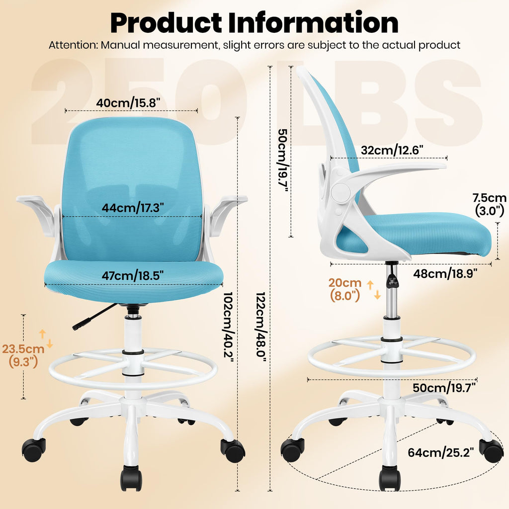 Primy Drafting Chair Tall Office Chair with Flip-up Armrests Executive Ergonomic Computer Standing Desk Chair with Lumbar Support and
