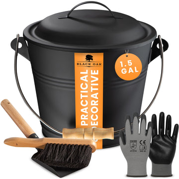 BLACK OAK Ash Bucket Piton 1.5 GAL - Black with lid with Wooden Handle + Brush + Shovel & Gloves - 5L Large Steel Fireproof Galvanized & Powder-Coated Bucket ash Coal pellets Timeless Design