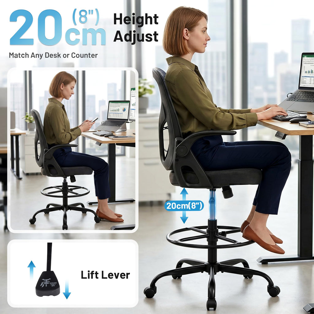 Hayelf Drafting Chair for Standing Desk, Tall Office Chair with 22"-30" Seat Height &7" Lift Footrest Ring, Ergonomic Executive Mesh Computer