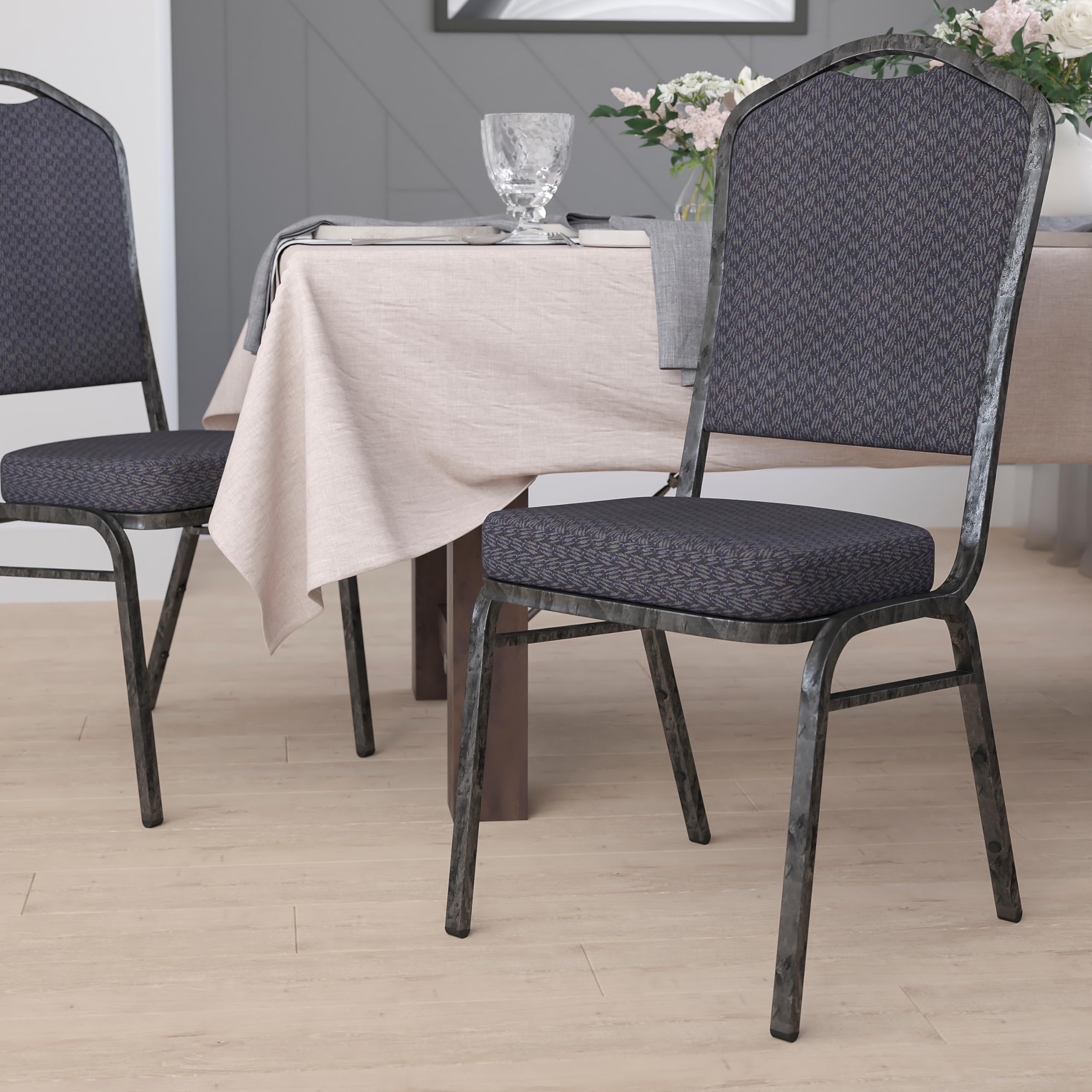 Flash Furniture Hercules Crown Back Stacking Banquet Chair, Black, Set of 1, Black Patterned Fabric/silver Vein Frame