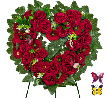 Saxili Cemetery Wreaths - Ebullient Remembrance Standing Heart, Grave Wreath with 30 Inch Easel Stand,Memorial Floral-Red Rose