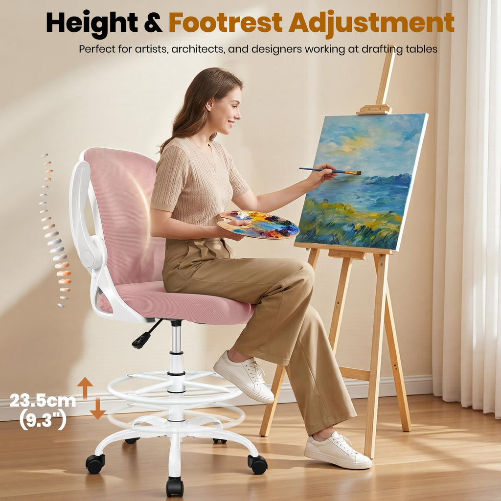 Primy Drafting Chair Tall Office Chair with Flip-up Armrests Executive Ergonomic Computer Standing Desk Chair with Lumbar Support and