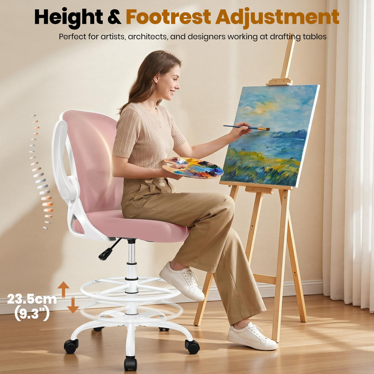 Primy Drafting Chair Tall Office Chair with Flip-up Armrests Executive Ergonomic Computer Standing Desk Chair with Lumbar Support and