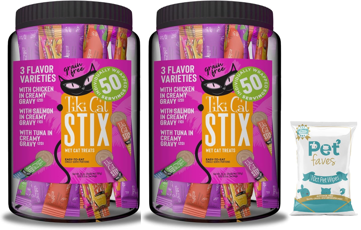 (2 Jar) Tiki Cat Stix Mousse Treats, Variety Mega Jar, Single Serve Indulgent Lickable Treat or Dry Food Topper, 50 Count, 25 oz. (0.5 oz./Stick)