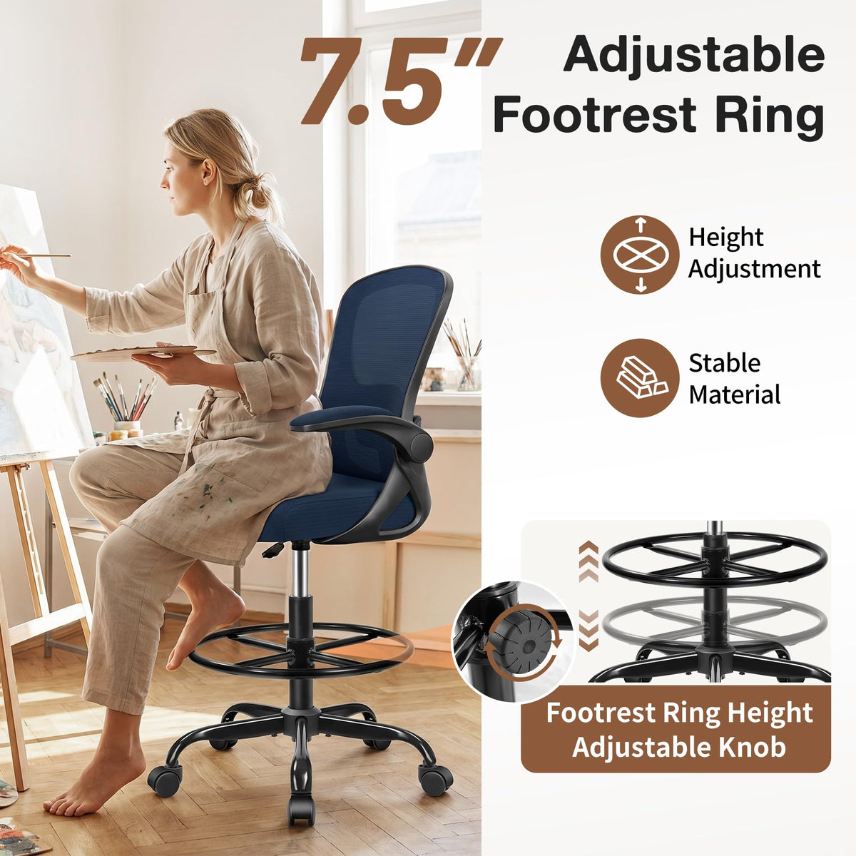 Finati Drafting Chair, Tall Office Chair for Standing Desk with Flip-up Armrests, Adjustable Foot Ring & Lumbar Support, Breathable Mesh High