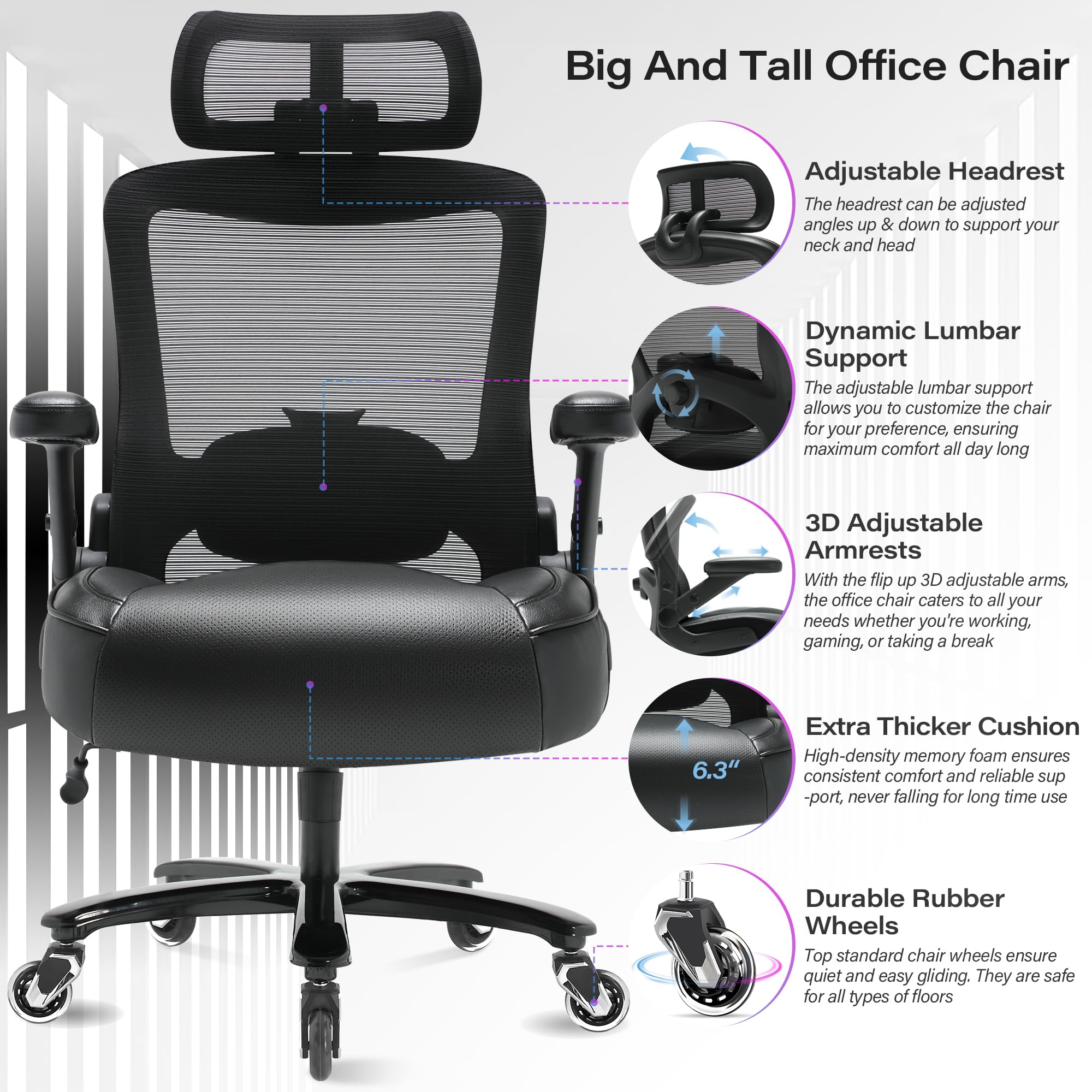600lbs Big and Tall Office Chair, Heavy Duty Executive Computer Desk Chair, X-Large, Black-black Armrests