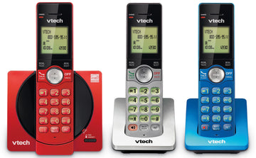 VTech CS6919-3A 3-Handset Cordless Phone, Red/Blue/Silver | Caller ID/Call Waiting, Illuminated Keypad, Full Duplex Speakerphone, ECO & Quiet Mode, Wall Mount