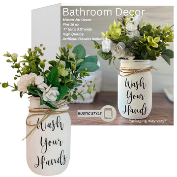 Wash Your Hands Mason Jar, Hand Painted and Distressed Mason Jar Decor, Pint 16 oz. Regular Mouth, Artificial Flower Arrangement for Bathroom, Rustic Farmhouse Bathroom Decor for Shelf