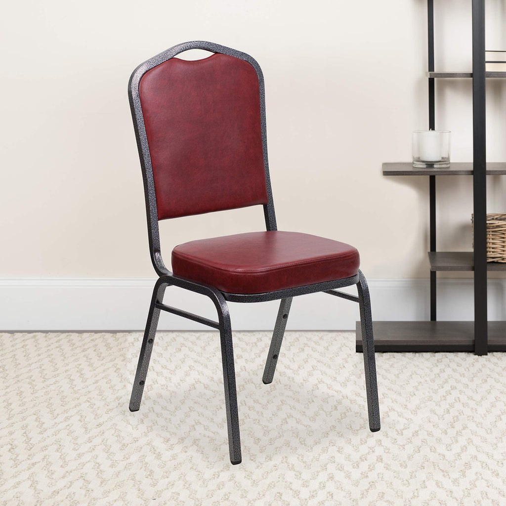 Flash Furniture Hercules Vinyl Crown Back Banquet Chair, Burgundy, 4-pack, Set of 4, Burgundy Vinyl/silver Vein Frame