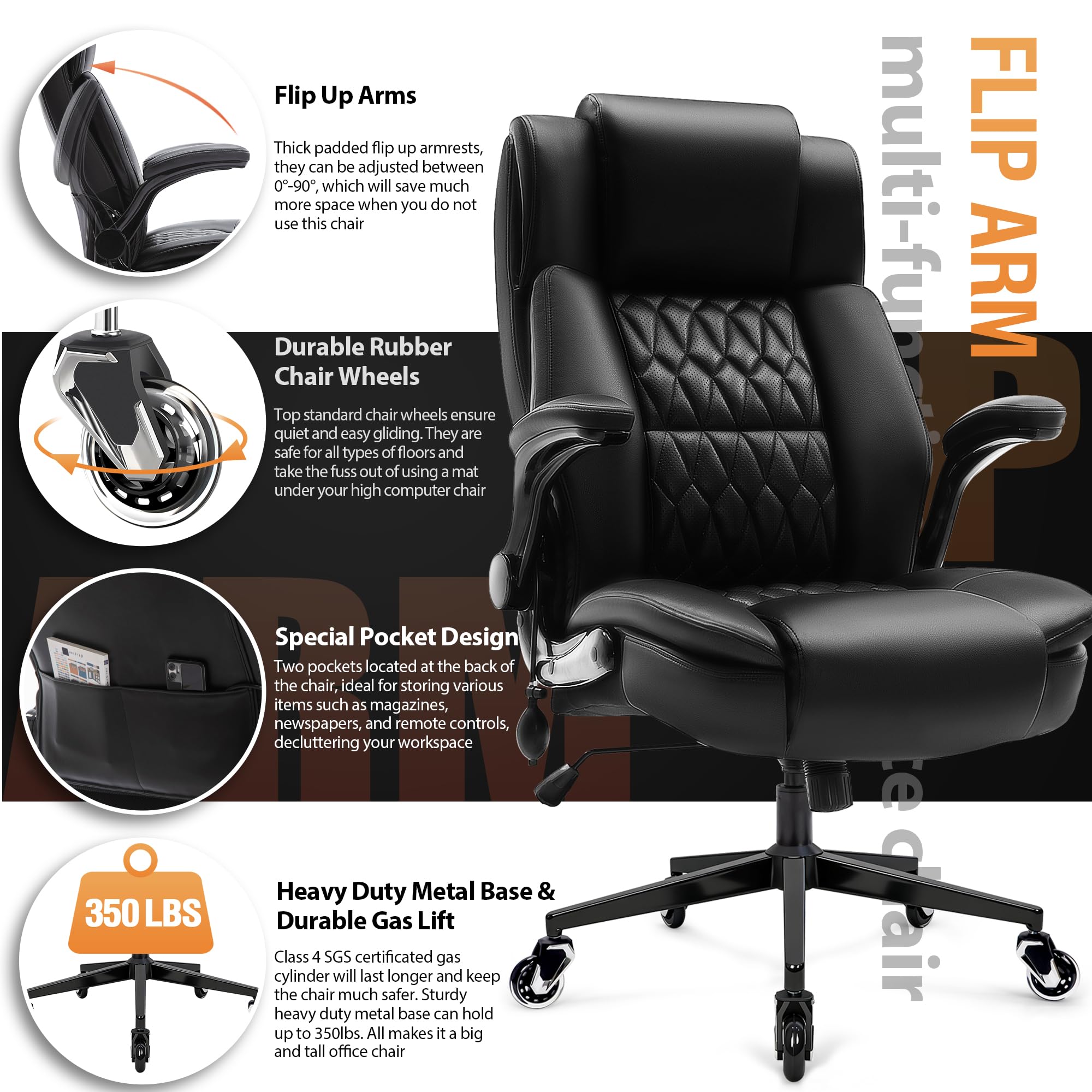 Large High Back Office Chair - Adjustable Lumbar Support Flip Up Arms Heavy Duty Quiet Wheels Metal Base Breathable Bonded Leather Ergonomic