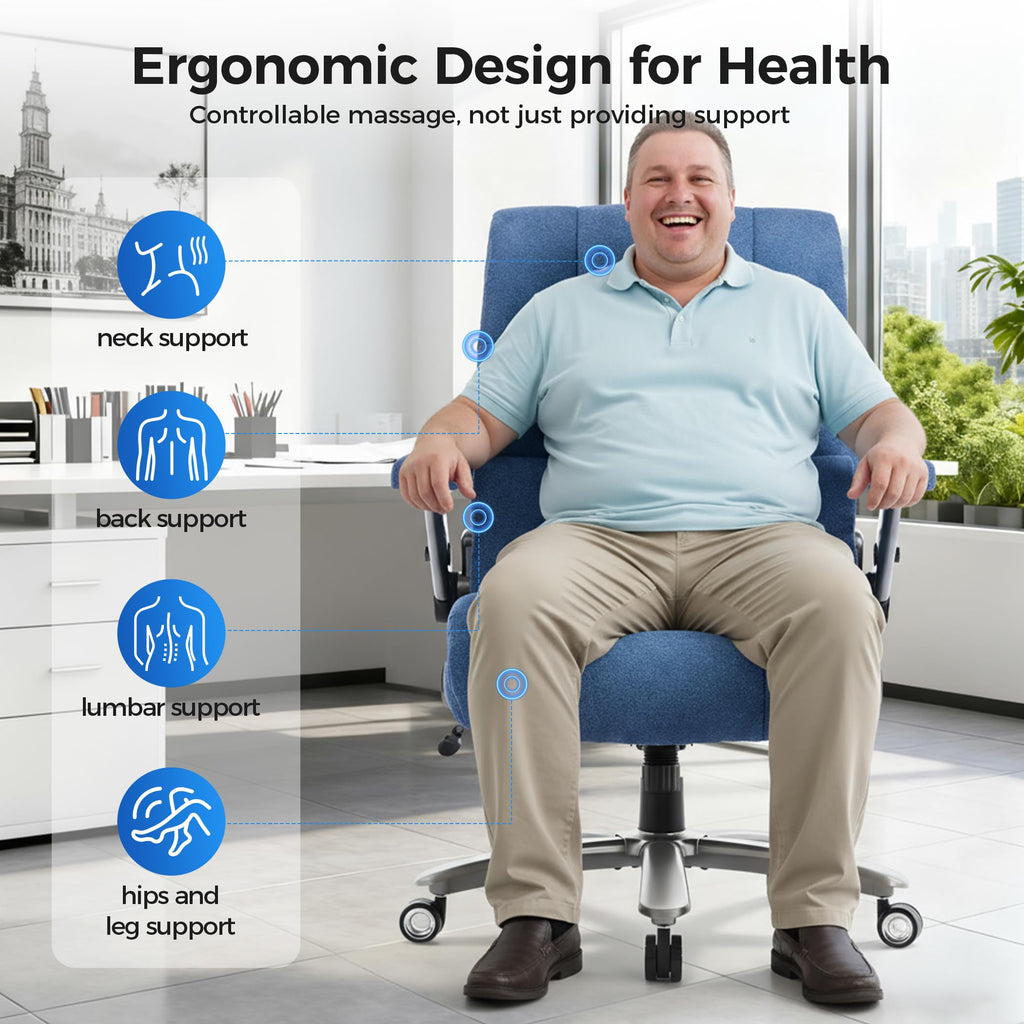 Chairker Big and Tall Office Chair with Massage Heat for Heavy Duty People, 400LBS, Blue-fabric